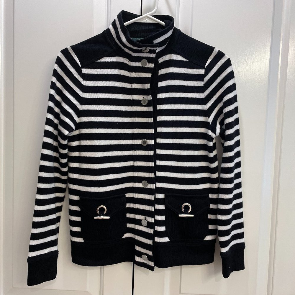 EUC Ralph Lauren Petite Cardigan Sweater, White-Black Stripe, 100% Cotton, PXS